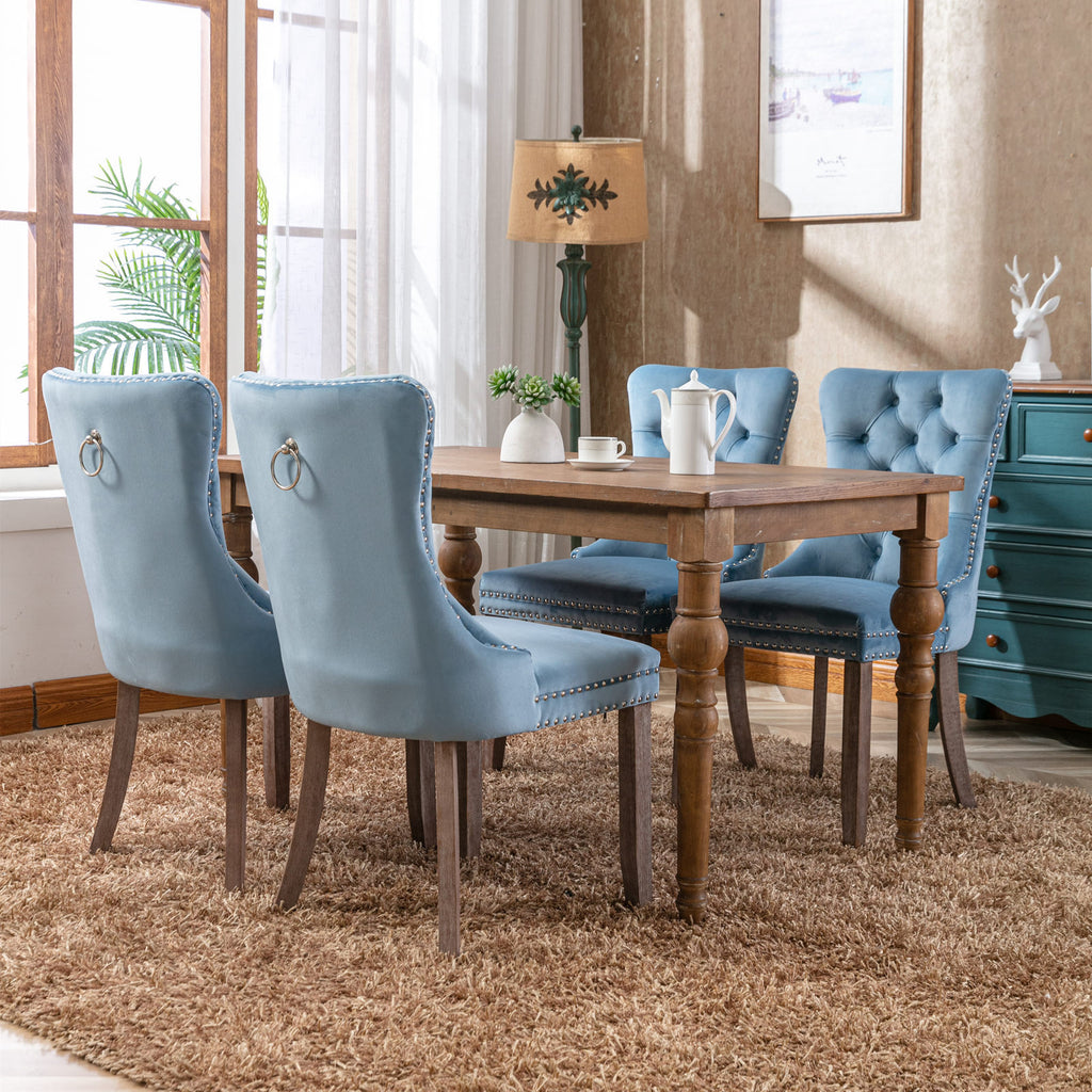 Nikki Collection Modern, High-end Tufted Solid Wood Contemporary Velvet Upholstered Dining Chair with Wood Legs Nailhead Trim 2-Pcs Set,Light Blue, SW2001LB - Grand Goldman Shop