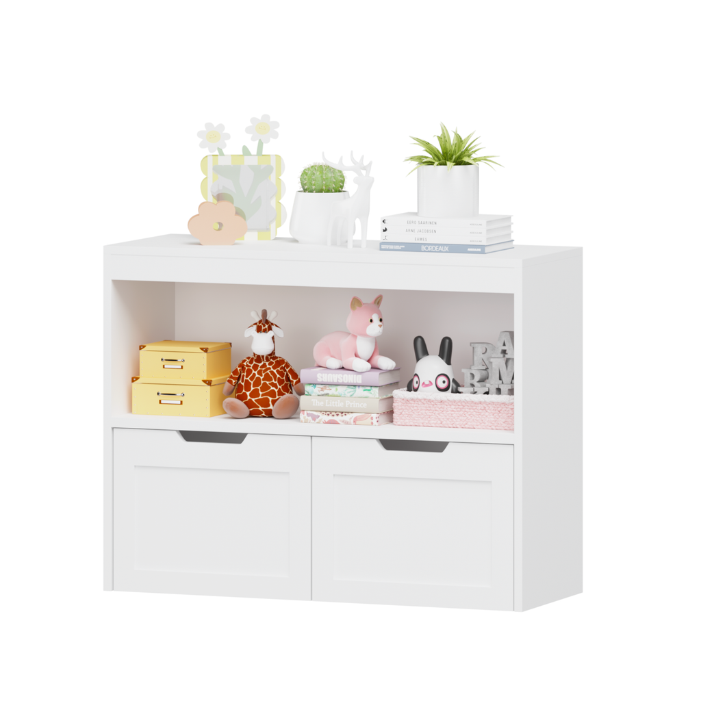 White Book Organizer with Large Drawers and Open Shelves, MDF Toy Storage Cabinet with Removable Wheels and Rounded Edges - G