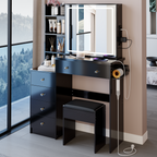 37' Middle Size Left Bedside Cabinet Vanity Table + Cushioned Stool Dresser Set, 2 AC+2 USB Socket, Hair Dryer Stand, Large Touch Control LED Sliding Mirror, 3-color Switch, EPA, GCC, UL Certificate - Grand Goldman Shop