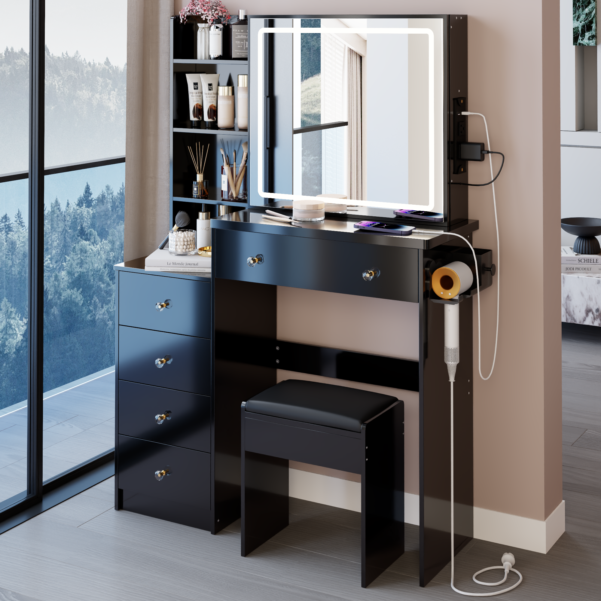 37' Middle Size Left Bedside Cabinet Vanity Table + Cushioned Stool Dresser Set, 2 AC+2 USB Socket, Hair Dryer Stand, Large Touch Control LED Sliding Mirror, 3-color Switch, EPA, GCC, UL Certificate - Grand Goldman Shop