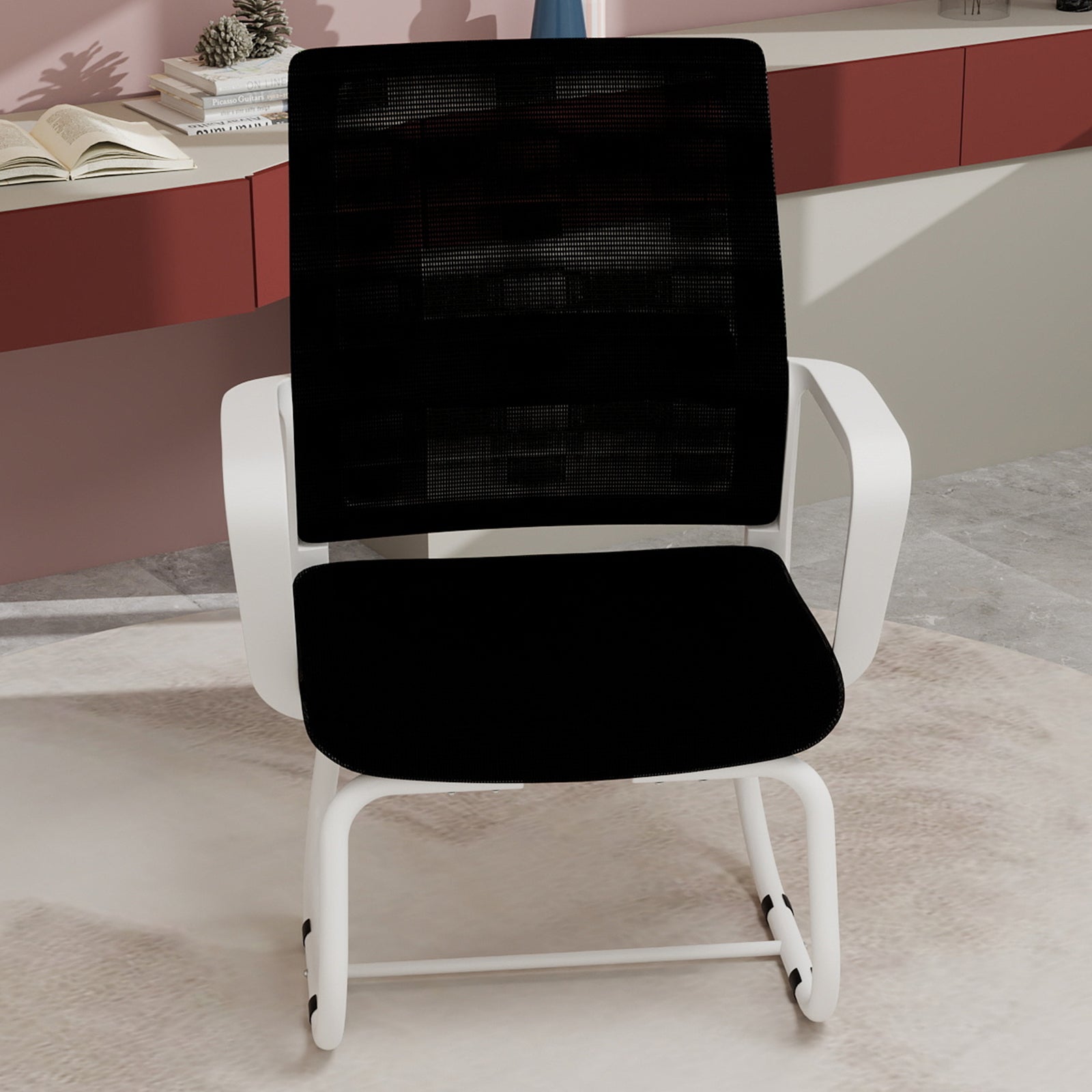 Minimalist Modern Office Chair with Metal Frame, Soft Mesh Backrest, Comfortable Polyurethane Cushion, White+Black, Suitable 