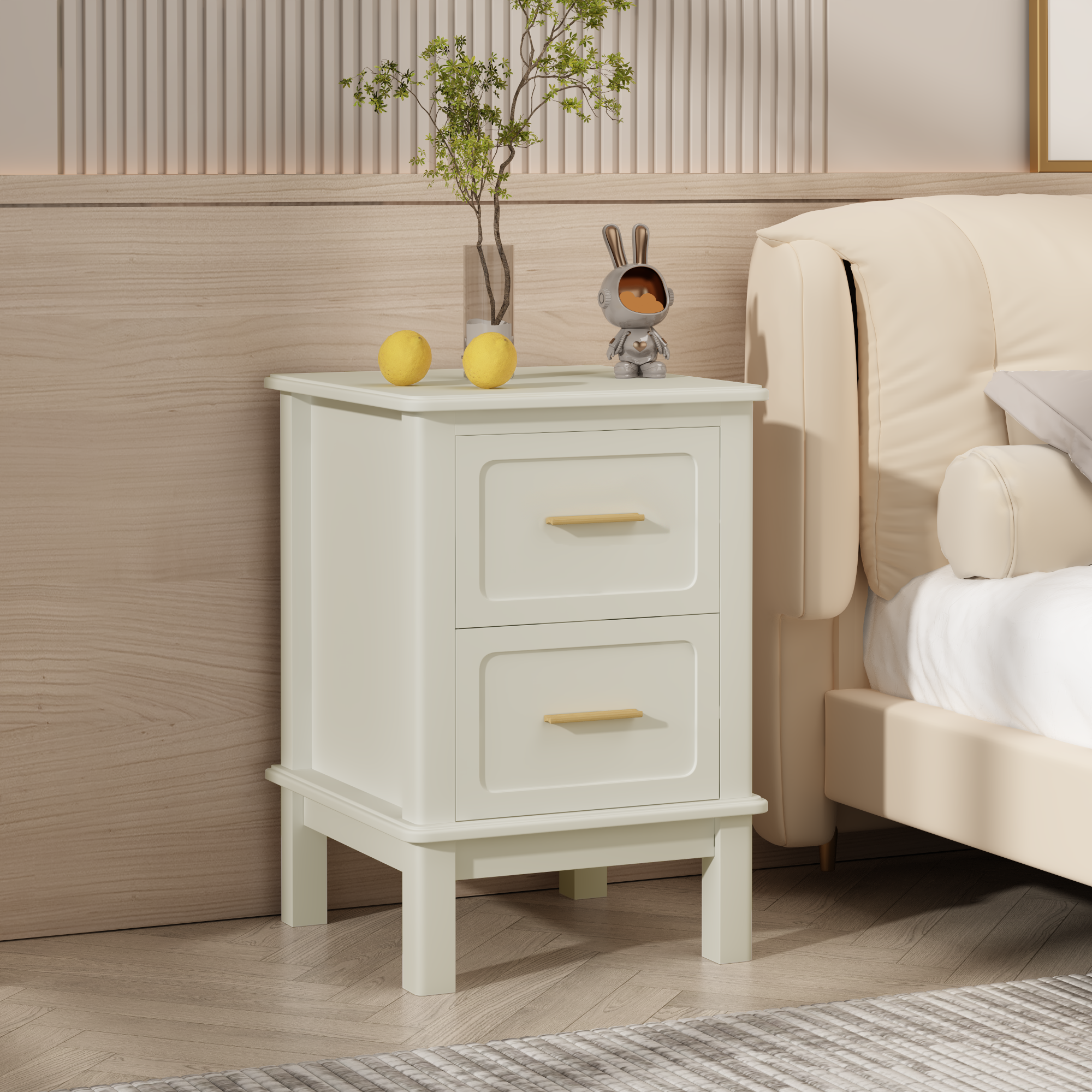 Modern  Nightstand with 2 Drawers, Bedroom Bedside Table with Gold Handles, Sturdy Wood Accent Table for Small Spaces, Living Room, Kids Room & Guest Room-Off White - Grand Goldman Shop