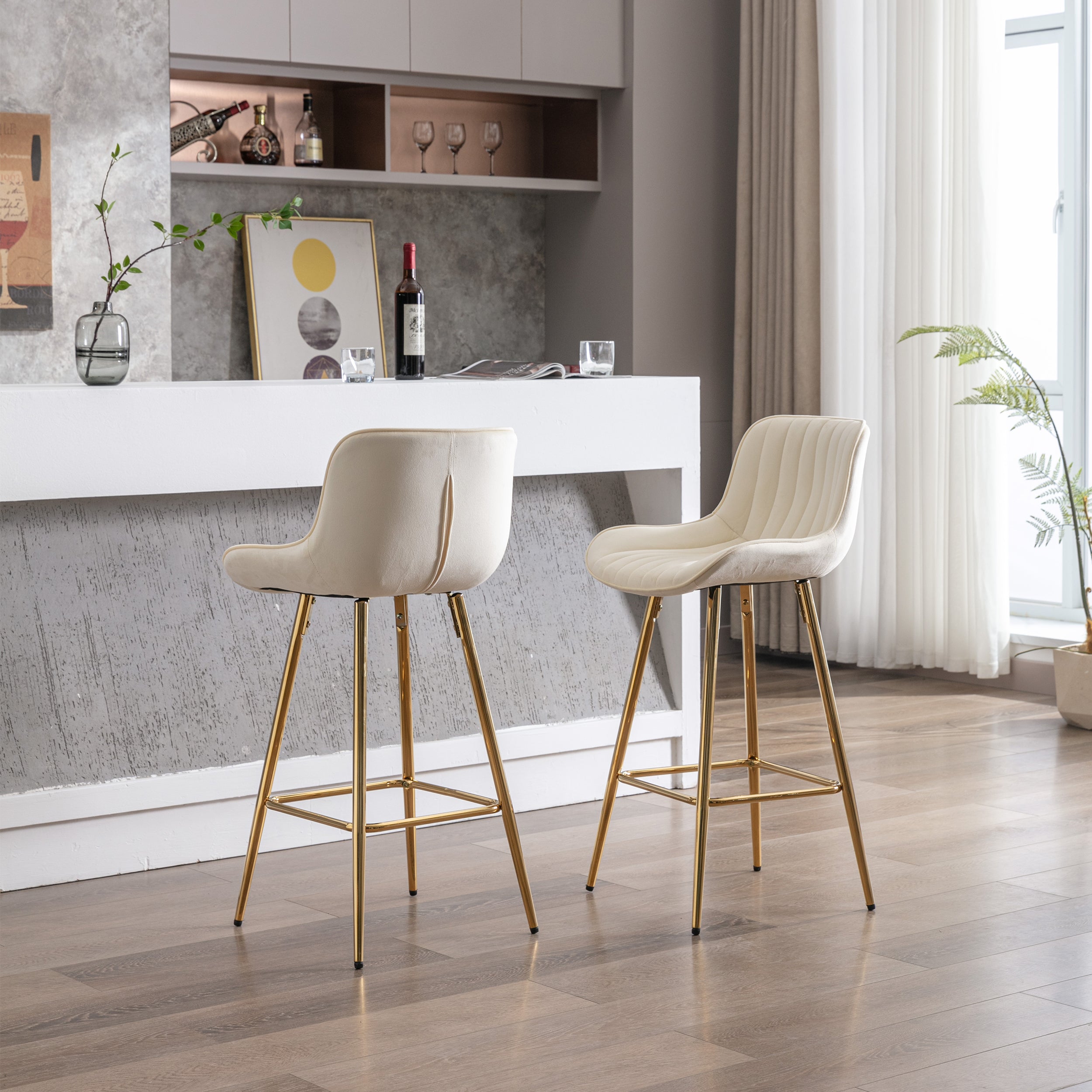 26 Inch Set of 2 Bar Stools,with Chrome Footrest Velvet Fabric Counter Stool Golden Leg Simple Bar Stool,CREAM - Grand Goldman Shop