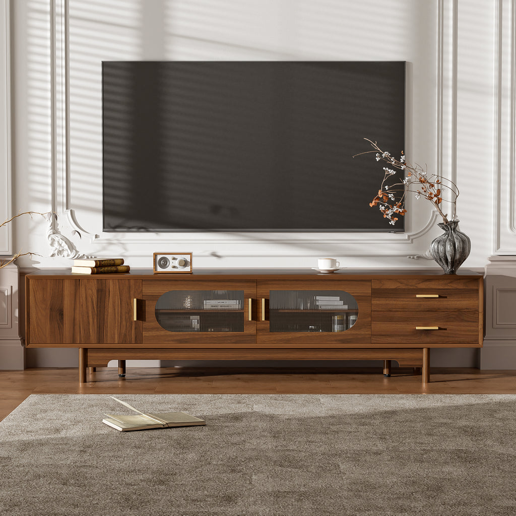 Modern TV Stand for 75-85 inch TVs with Fluted Glass Doors, 2 Drawers, Walnut Solid Wood Legs, 78.7'' L - Grand Goldman Shop