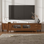 Modern TV Stand for 75-85 inch TVs with Fluted Glass Doors, 2 Drawers, Walnut Solid Wood Legs, 78.7'' L - Grand Goldman Shop