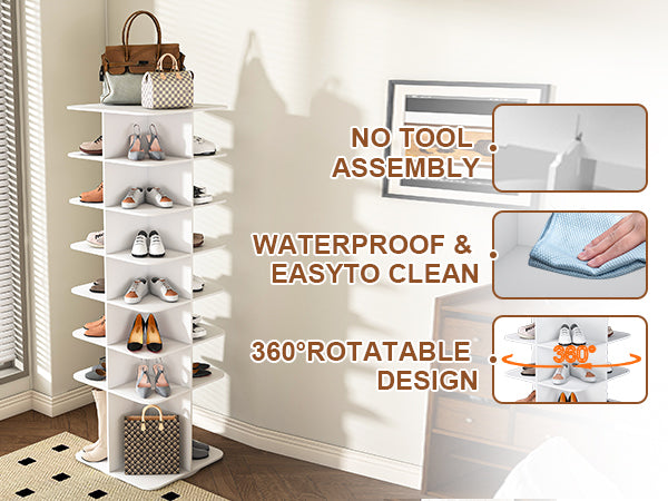 7-Tier Square Rotating Shoe Rack Tower with 360° Spinning Organizer, White - Grand Goldman Shop