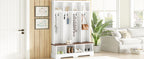 Farmhouse Hall Tree with 8 Hooks, Practical Entryway Bench with Open Compartments, 76.7'H Modern 3-in-1 Wooden Style Coat and Shoe Rack for Mudroom, Living Room, White (OLD SKU: N721P292601K) - Grand Goldman Shop