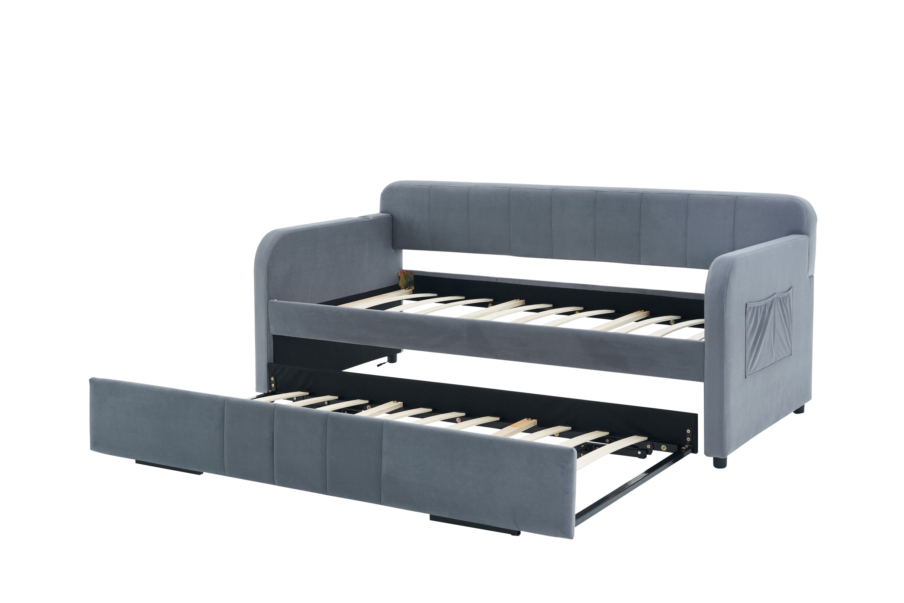 Twin Upholstered Daybed Frame with Trundle, Twin Size Sofa Bed for Bedroom Living Room Guest Room, Wood Slat Support,Grey - Grand Goldman Shop