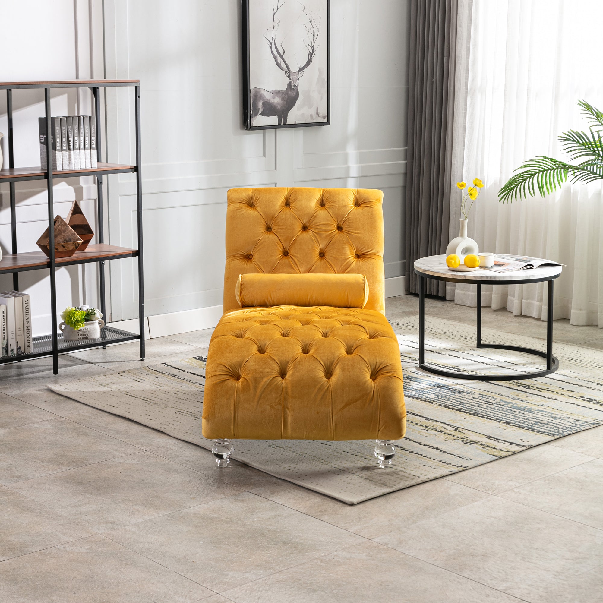 Velvet Button-Tufted Upholstered Chaise Lounge Chair with Pillow for Bedroom Living Room Office, Mustard - Grand Goldman Shop