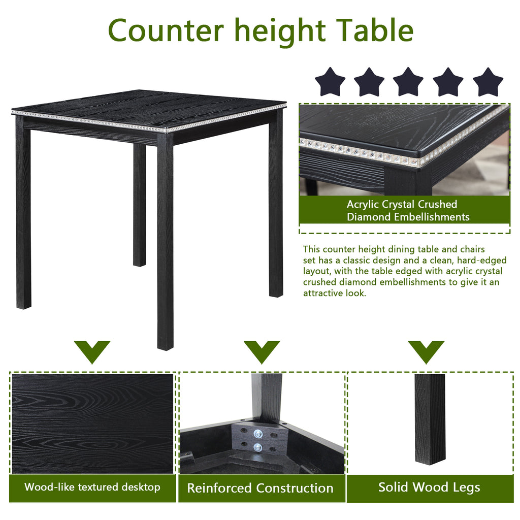5PCs Counter Height Table Set, Wooden Kitchen Table Set with Square Table and 4 Upholstered Chairs, Counter Height Dining Table with Crystal Decoration and Chair Set for Kitchen, Dining Room, Black - Grand Goldman Shop