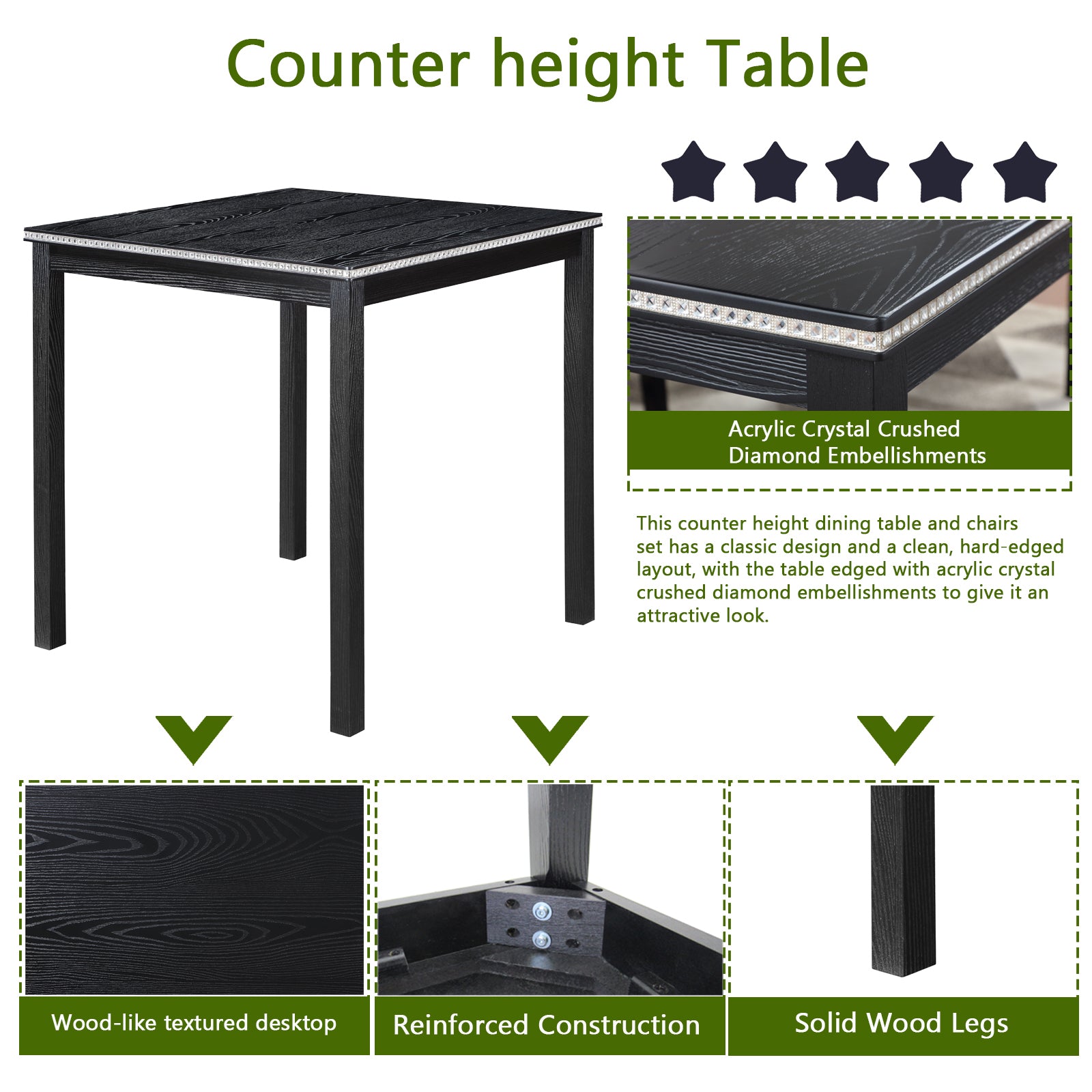 5PCs Counter Height Table Set, Wooden Kitchen Table Set with Square Table and 4 Upholstered Chairs, Counter Height Dining Table with Crystal Decoration and Chair Set for Kitchen, Dining Room, Black - Grand Goldman Shop