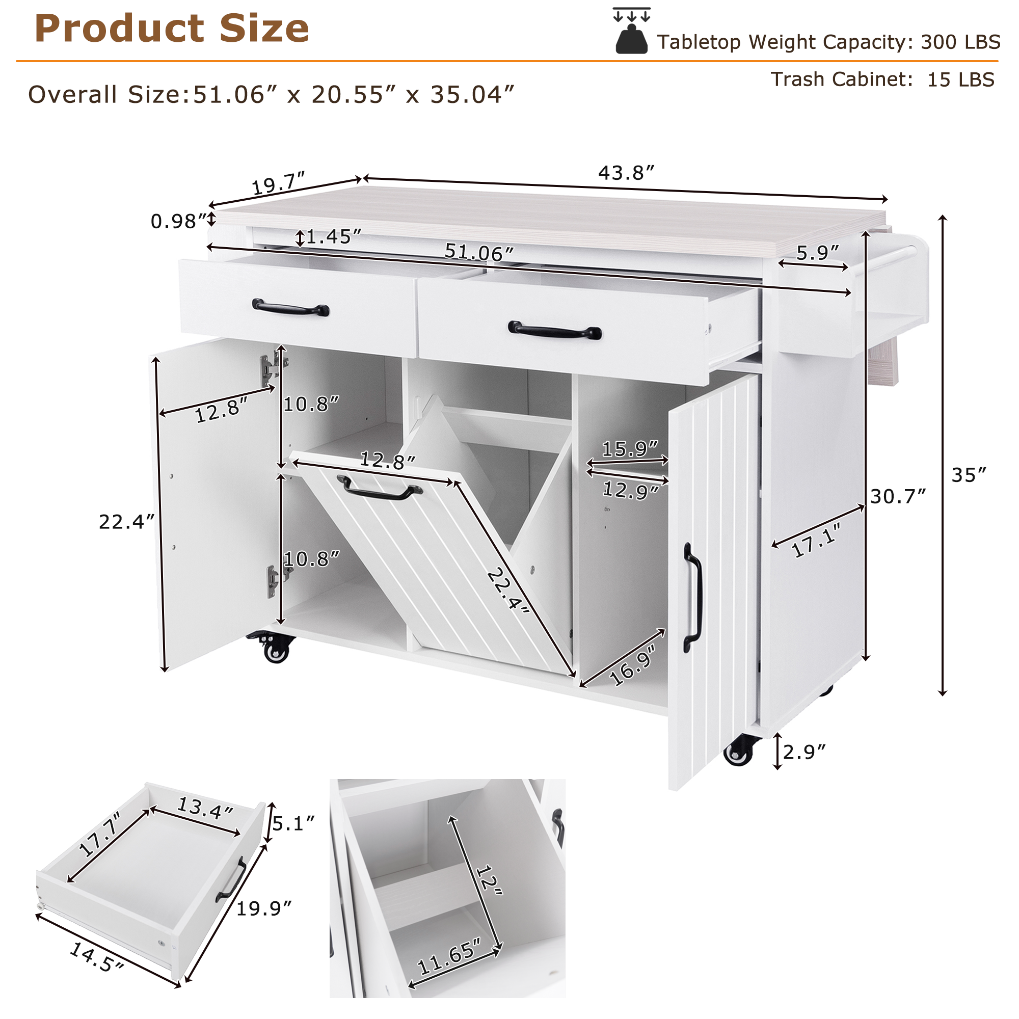K&K Kitchen Island with Trash Can Storage Cabinet, Kitchen Cart with Drop Leaf, Spice Rack, Towel Rack and Drawer, Rolling Kitchen Island on Wheels with Adjustable Shelf, White - Grand Goldman Shop