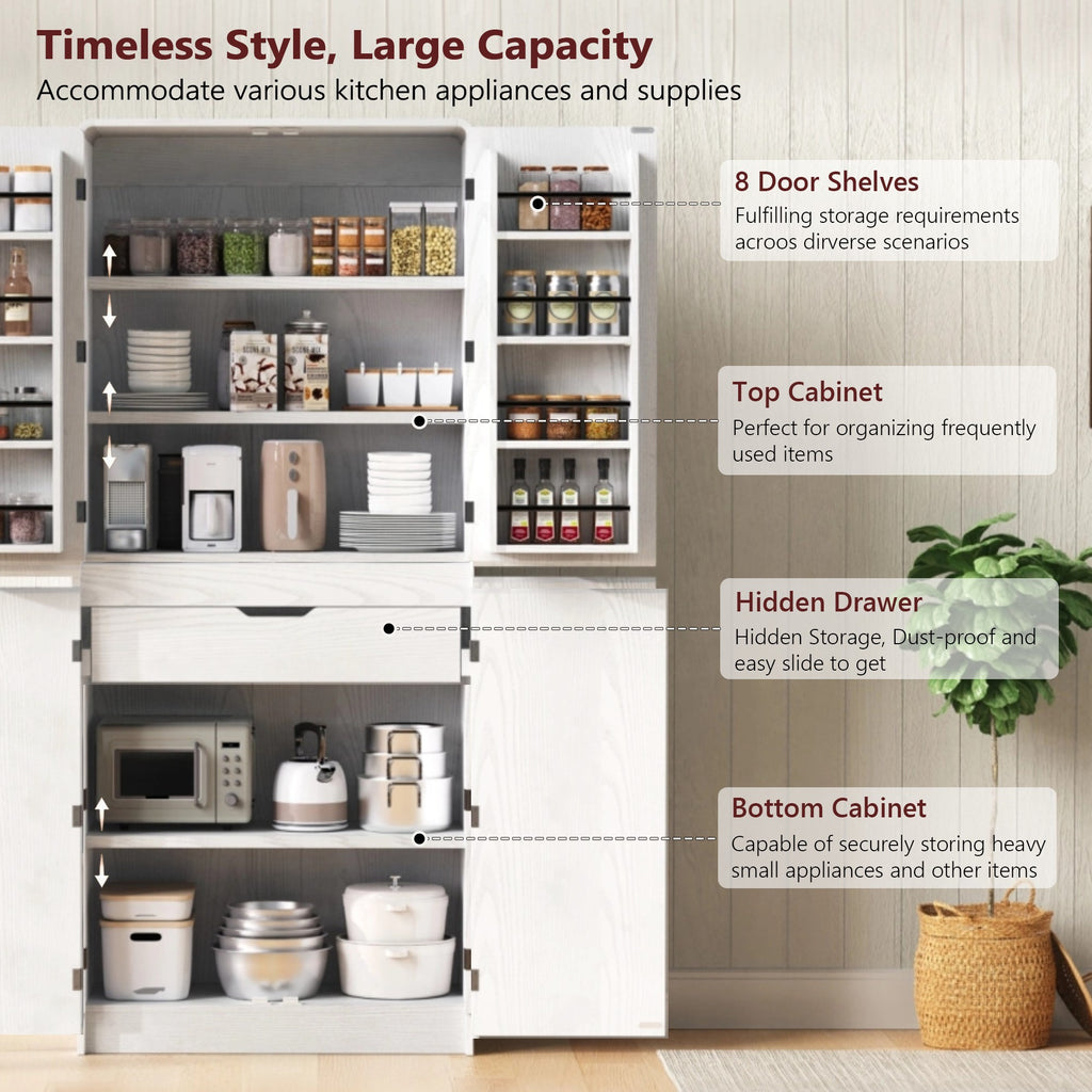 K&K 72' Tall Farmhouse Kitchen Pantry Cabinet with 8 Door Shelves, Curved Design Storage Cabinet with 3 Adjustable Shelves, Hidden Drawer, Versatile Cupboard for Kitchen, Dining & Bathroom, White - Grand Goldman Shop