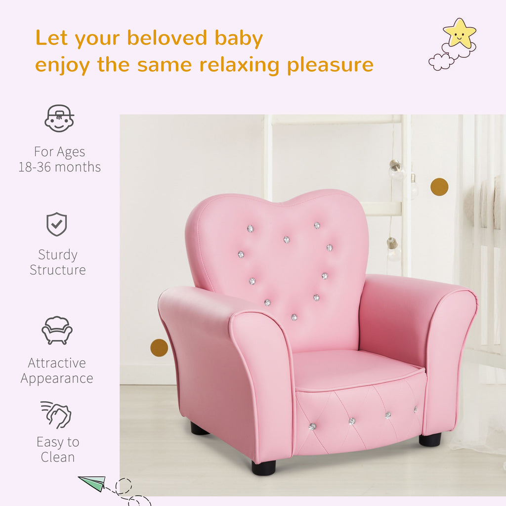 Qaba Kids Sofa Toddler Tufted Upholstered Sofa Chair Princess Couch Furniture with Diamond Decoration for Preschool Child, Pi
