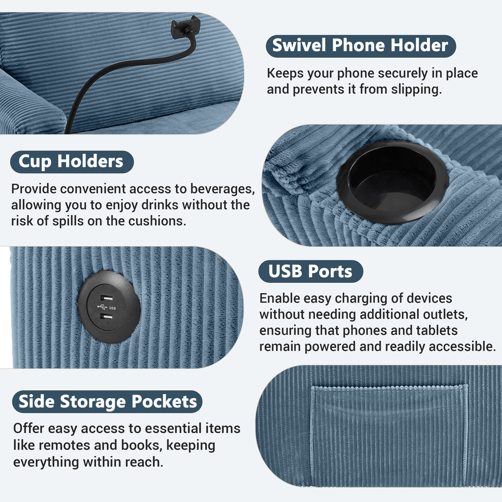 Navy Blue Corduroy Sleeper Sofa Loveseat with Full Size Mattress, USB Ports, Cup Holders, Side Pockets and Phone Holder - Grand Goldman Shop