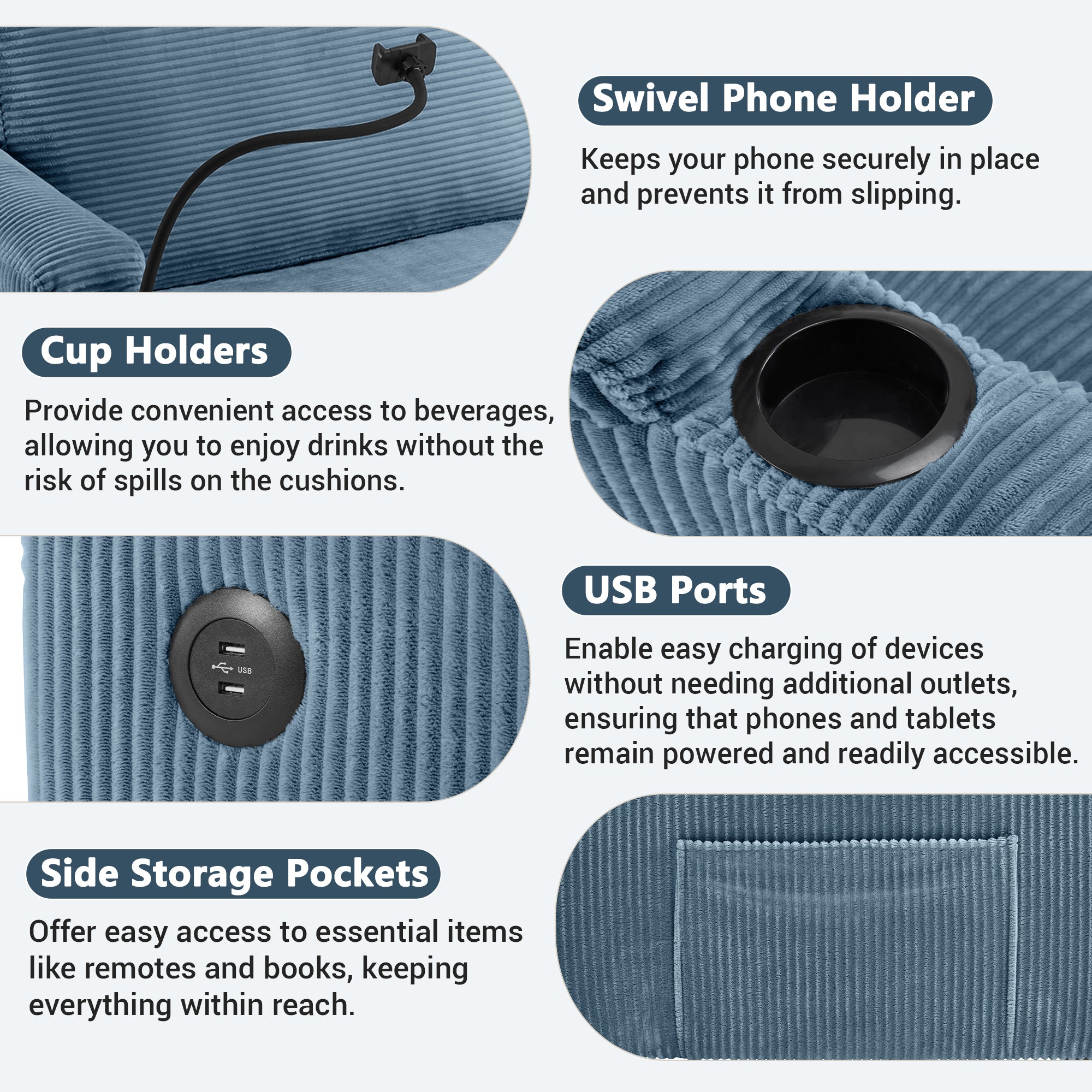 Navy Blue Corduroy Sleeper Sofa Loveseat with Full Size Mattress, USB Ports, Cup Holders, Side Pockets and Phone Holder - Grand Goldman Shop
