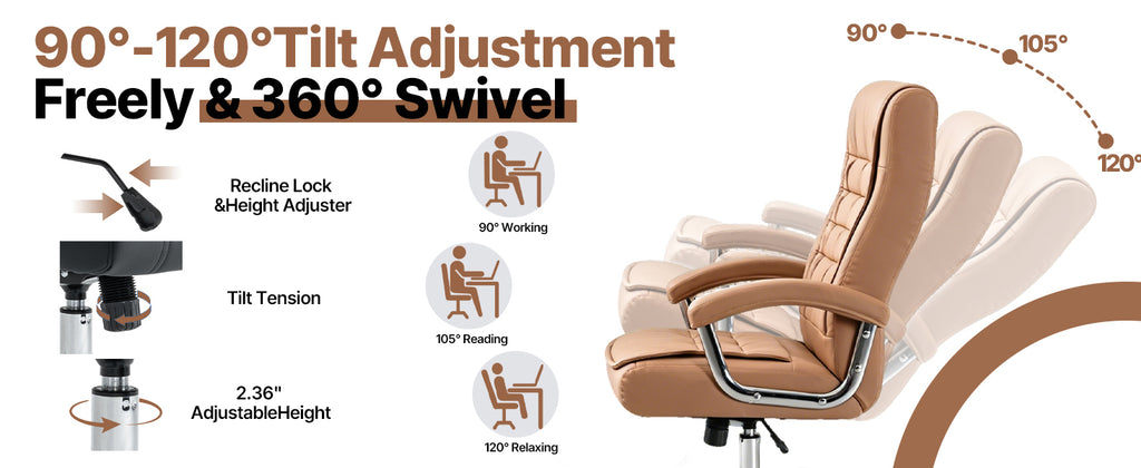 Executive Office Chair High Back PU Leather Desk Chair with Spring Seat Cushion, Ergonomic Swivel Computer Chair with Chrome 