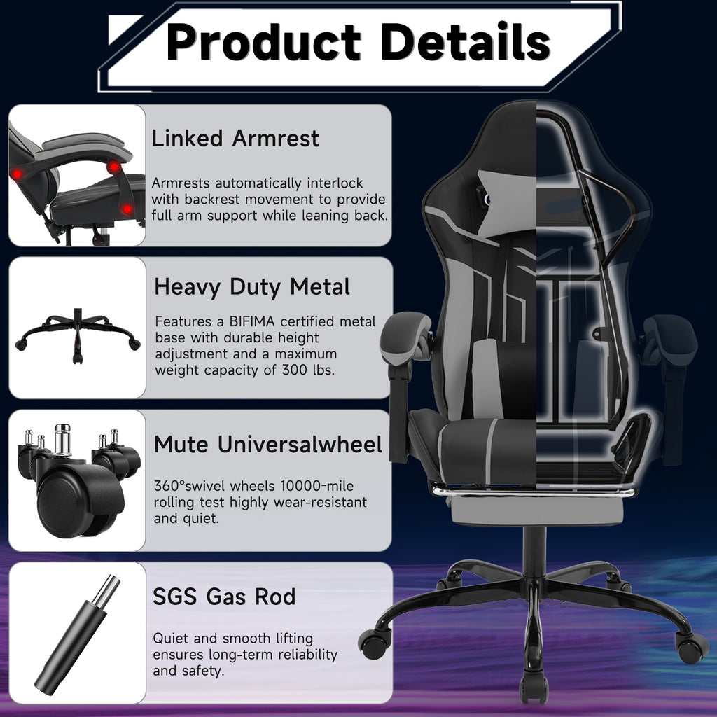 Gaming chair, Computer chair Ergonomic chair with footrest Office chair Ergonomic computer chair with lumbar backrest Blackgr