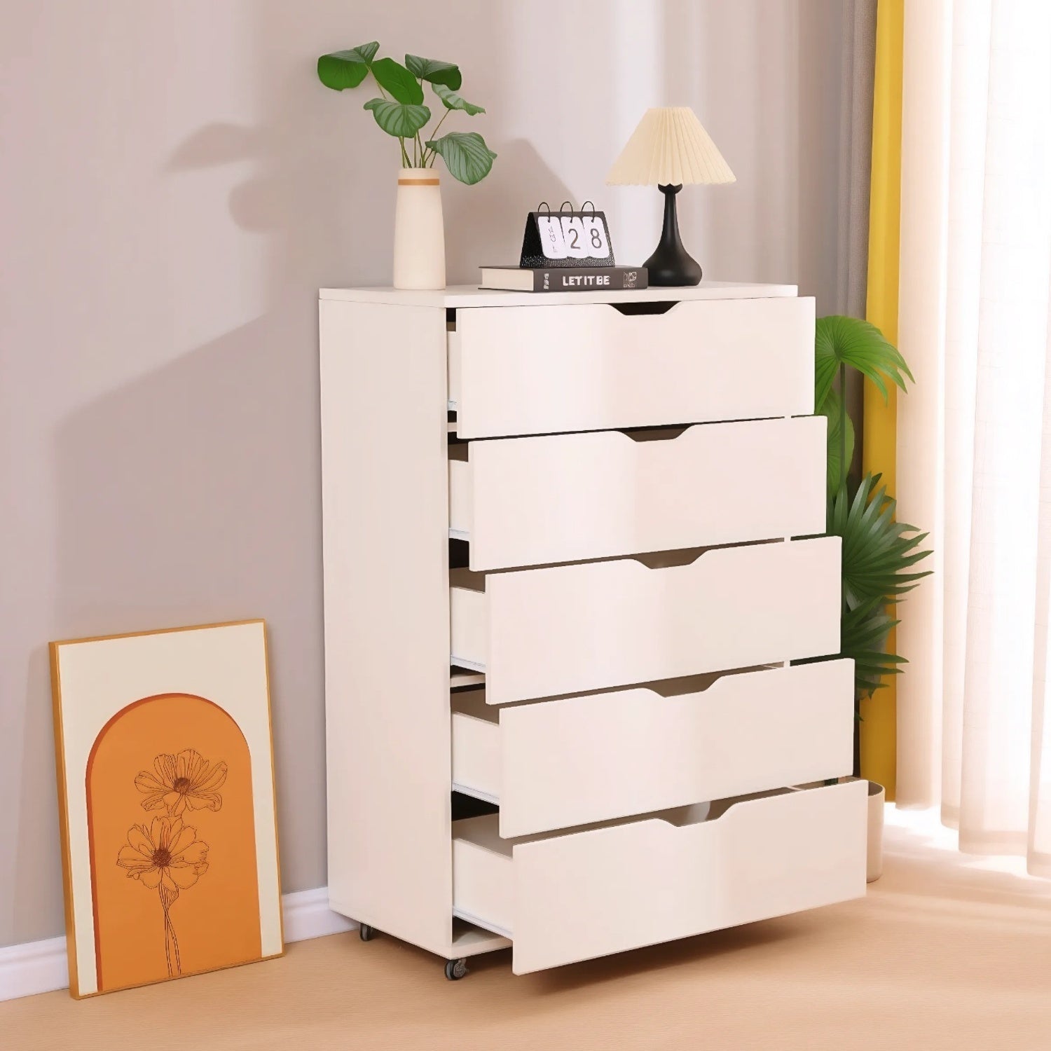 Modern White 5-Drawer Dresser with Wheels – Space-Saving Storage Cabinet with Deep Drawers, Wood Frame, Melamine Finish - Grand Goldman Shop