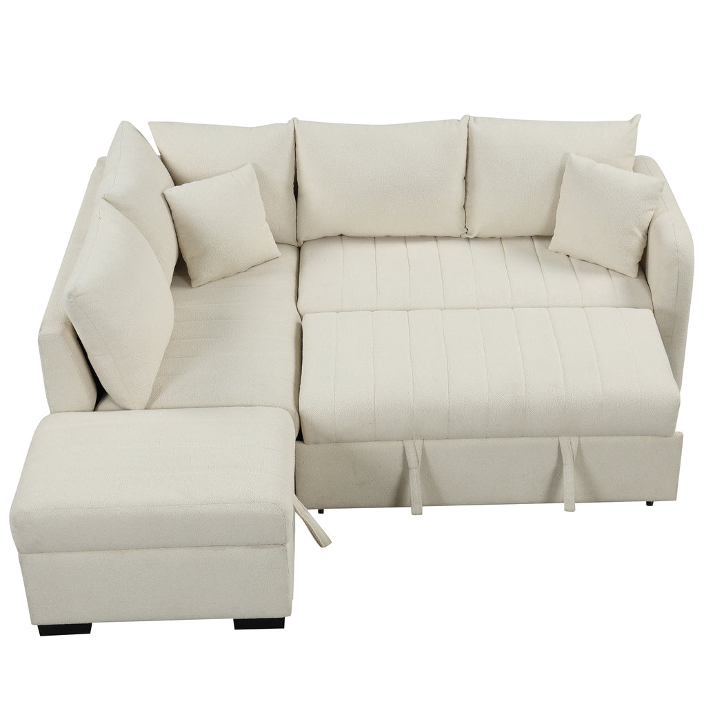 Modern L-shaped Sectional Pull Out Sofa Bed with USB Ports and Storage Ottoman, Beige, Jacquard Fabric, 82.6' - Grand Goldman Shop