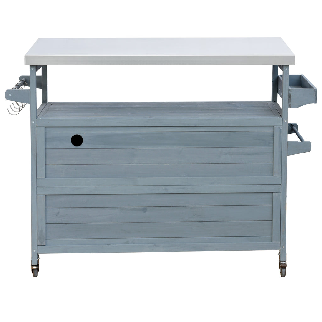 K&K Outdoor Kitchen Island, Rolling Bar Cart & Storage Cabinet, Farmhouse Solid Wood Outdoor Grill Table with Stainless Steel Top, Spice Rack , Towel Rack for Kitchen & BBQ , Grey Blue - Grand Goldman Shop
