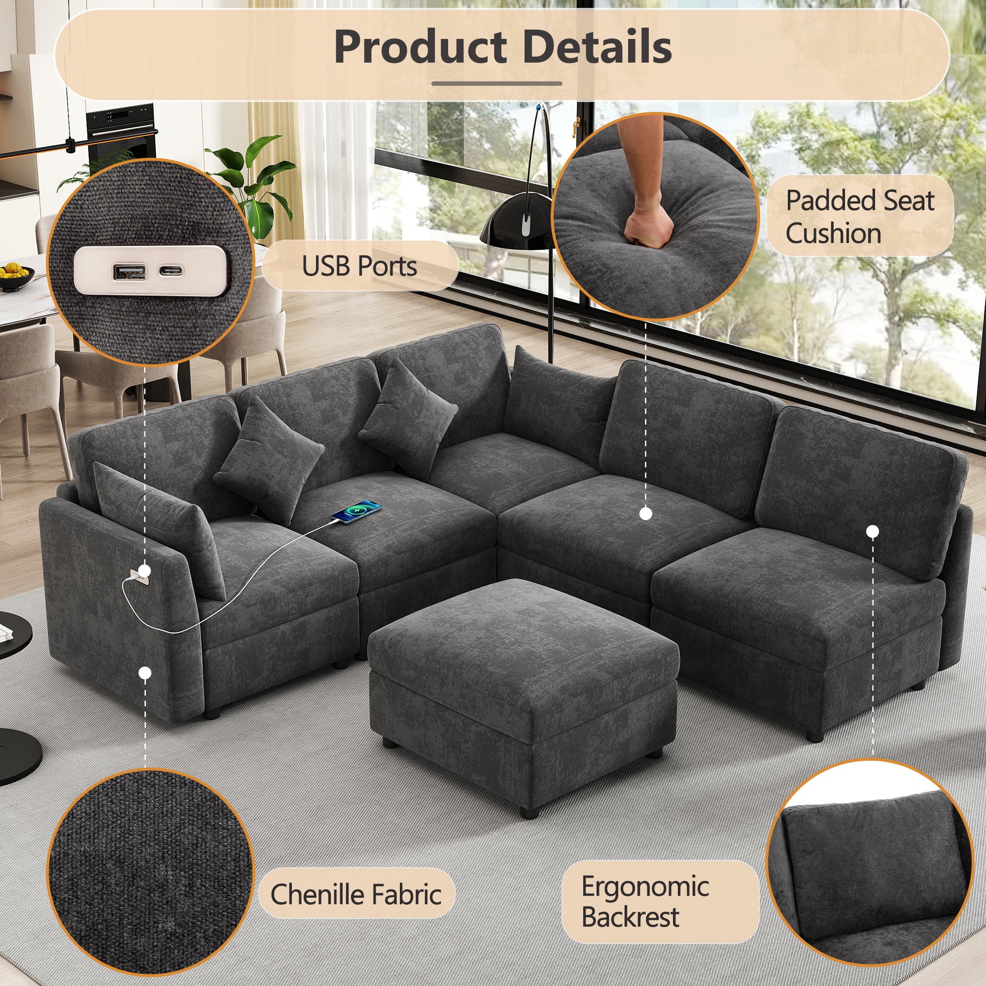 Stylish Modular U-Shaped Sectional Sofa with USB Ports, Black Chenille, 86.6' - Grand Goldman Shop