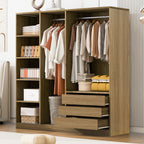 Doorless Wooden Storage Wardrobe for Dedroom with Shelves and 3 Drawers,Nature - Grand Goldman Shop
