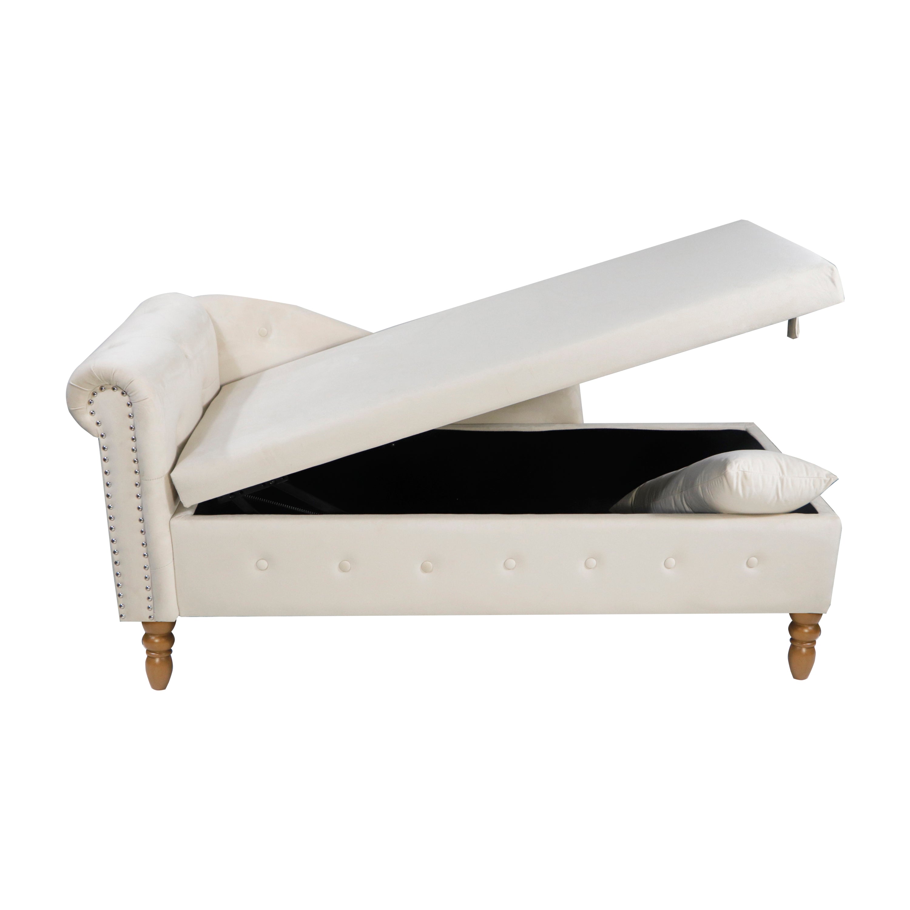 Beige Chaise Lounge Indoor, Velvet Lounge Chair for Bedroom with Storage & Pillow, Modern Upholstered Rolled Arm Chase Lounge for Sleeping with Nailhead Trim for Living Room Bedroom Office - Grand Goldman Shop
