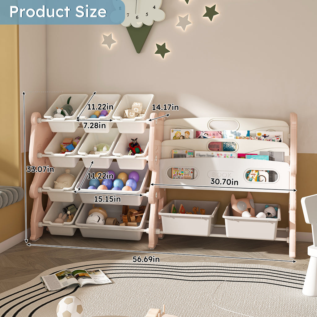 Kids Toy Storage Organizer with 2 Tier Bookshelf and 12 Toy Bins, Pink Polyethylene - Grand Goldman Shop