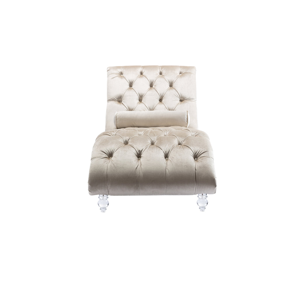 Velvet Chaise Lounge Indoor, Button-Tufted Upholstered Chair with Pillow, Beige Velvet, 63.38x28.94x34.05 inches - Grand Goldman Shop