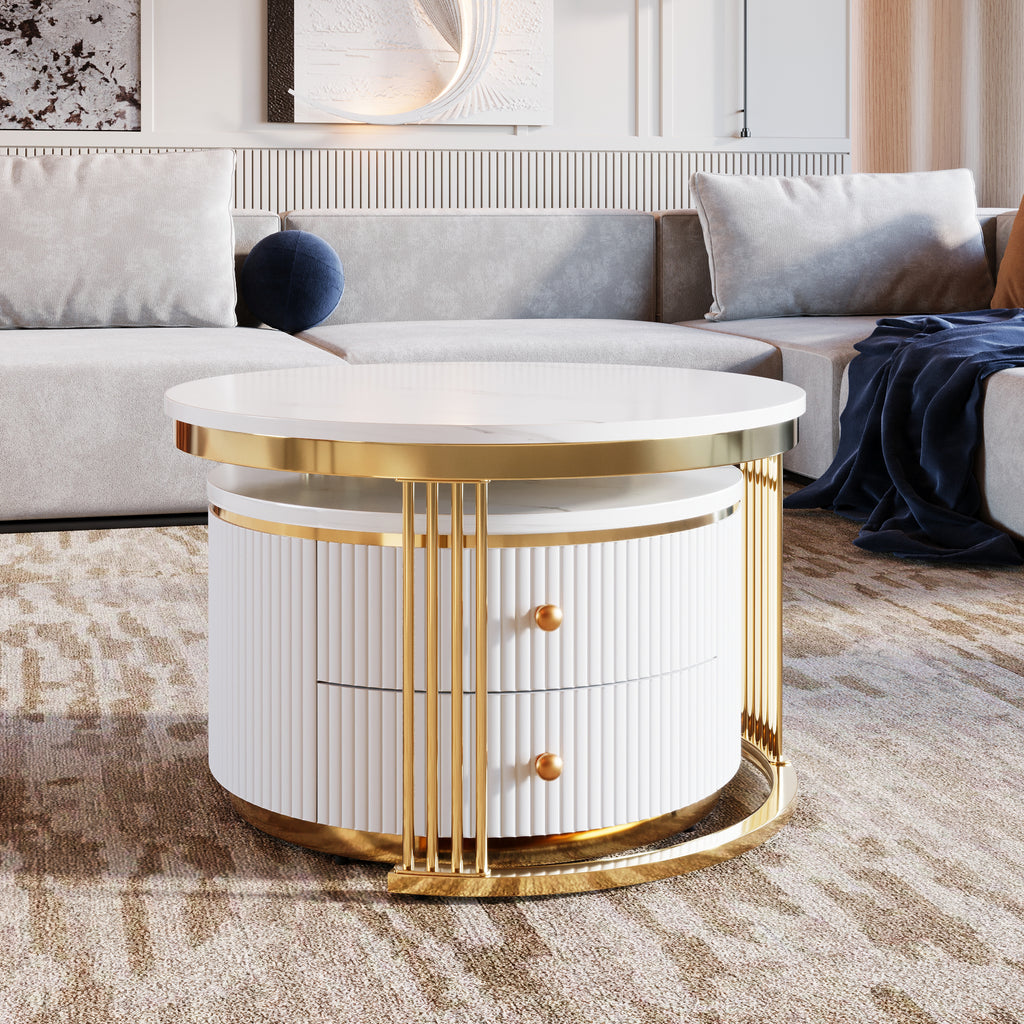 Modern 2 Pieces White Round Nesting  Coffee Table with Drawers in 27.6'' - Grand Goldman Shop
