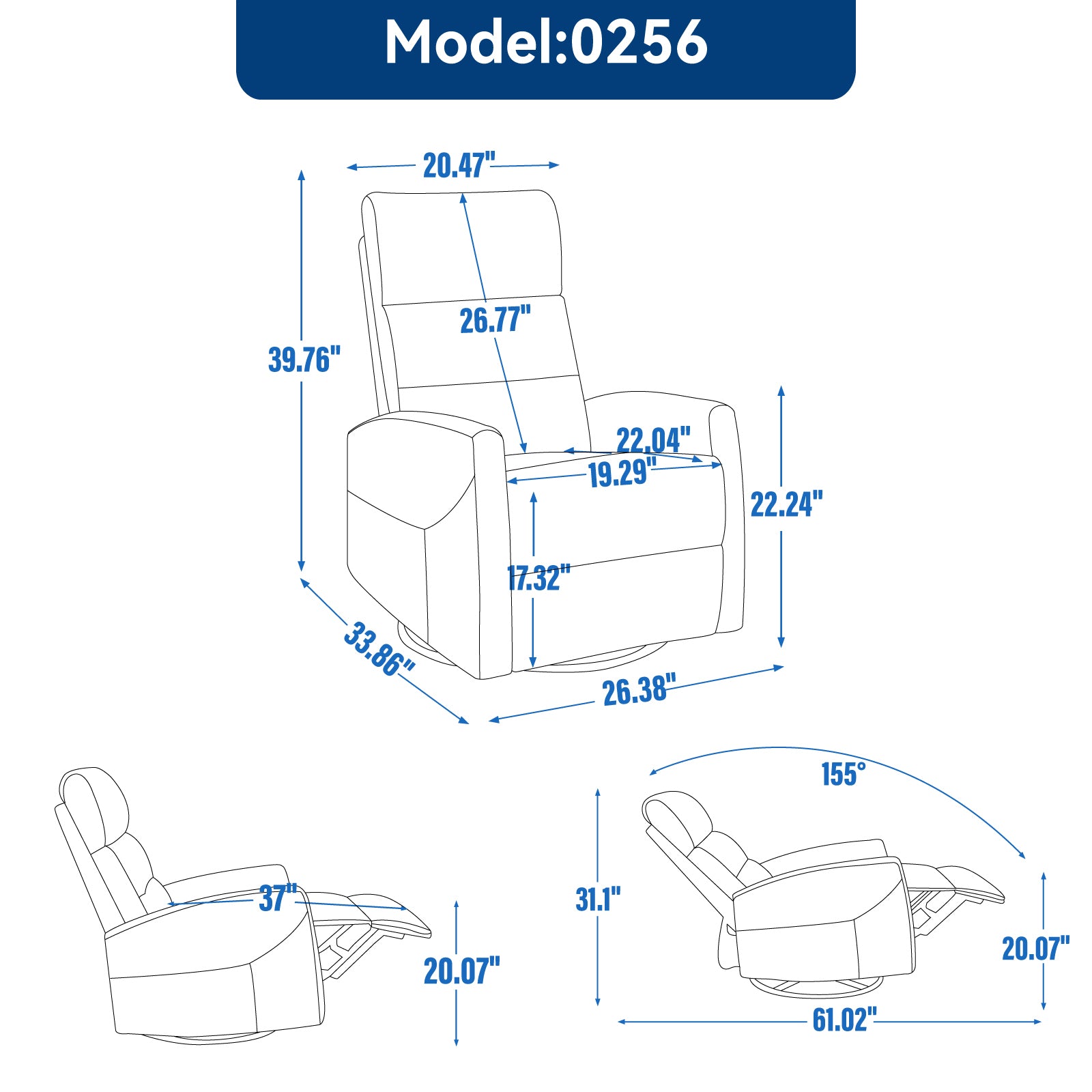 Manual Recliner Chair with Rocker and Swivel in Fabric for Living Room, Grey - Grand Goldman Shop