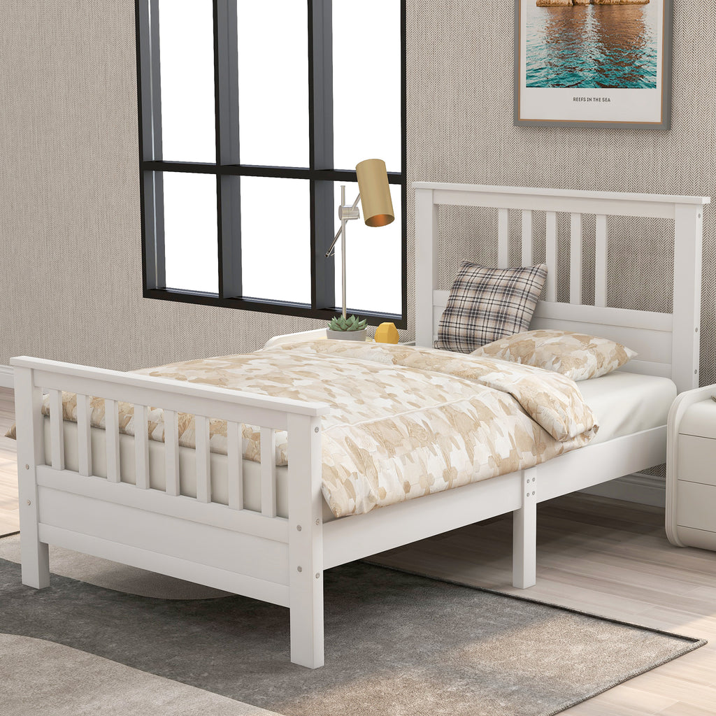 White Pine Wood Platform Bed with Paneled Headboard and Footboard, Twin Size, Solid Wood Frame with 10 Slats - Grand Goldman Shop