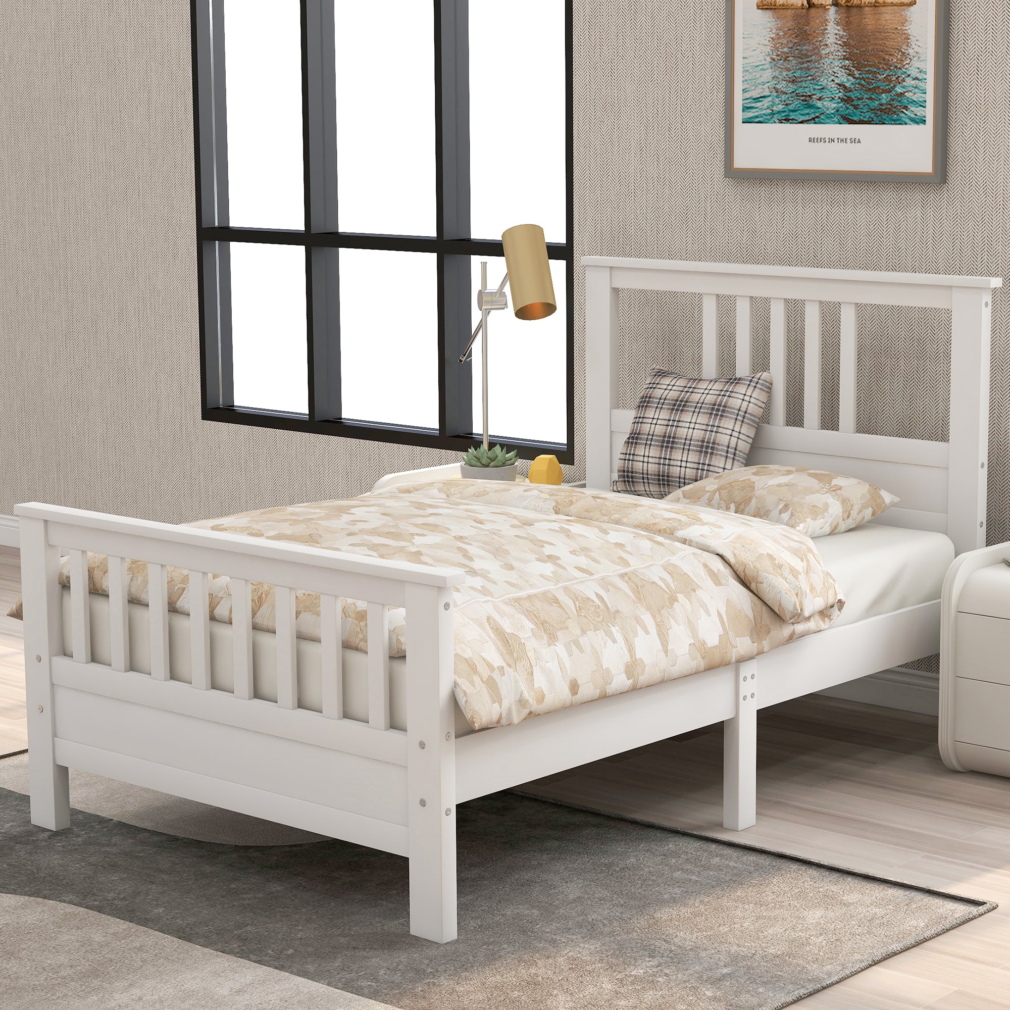 White Pine Wood Platform Bed with Paneled Headboard and Footboard, Twin Size, Solid Wood Frame with 10 Slats - Grand Goldman Shop