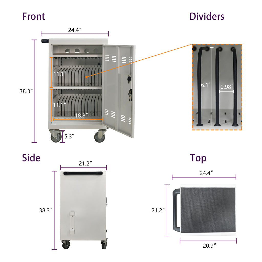 30+2 Bay Mobile School Charging Cart Station for Chromebook, Tablet and Laptop Computer with Power Strip Included - White | P