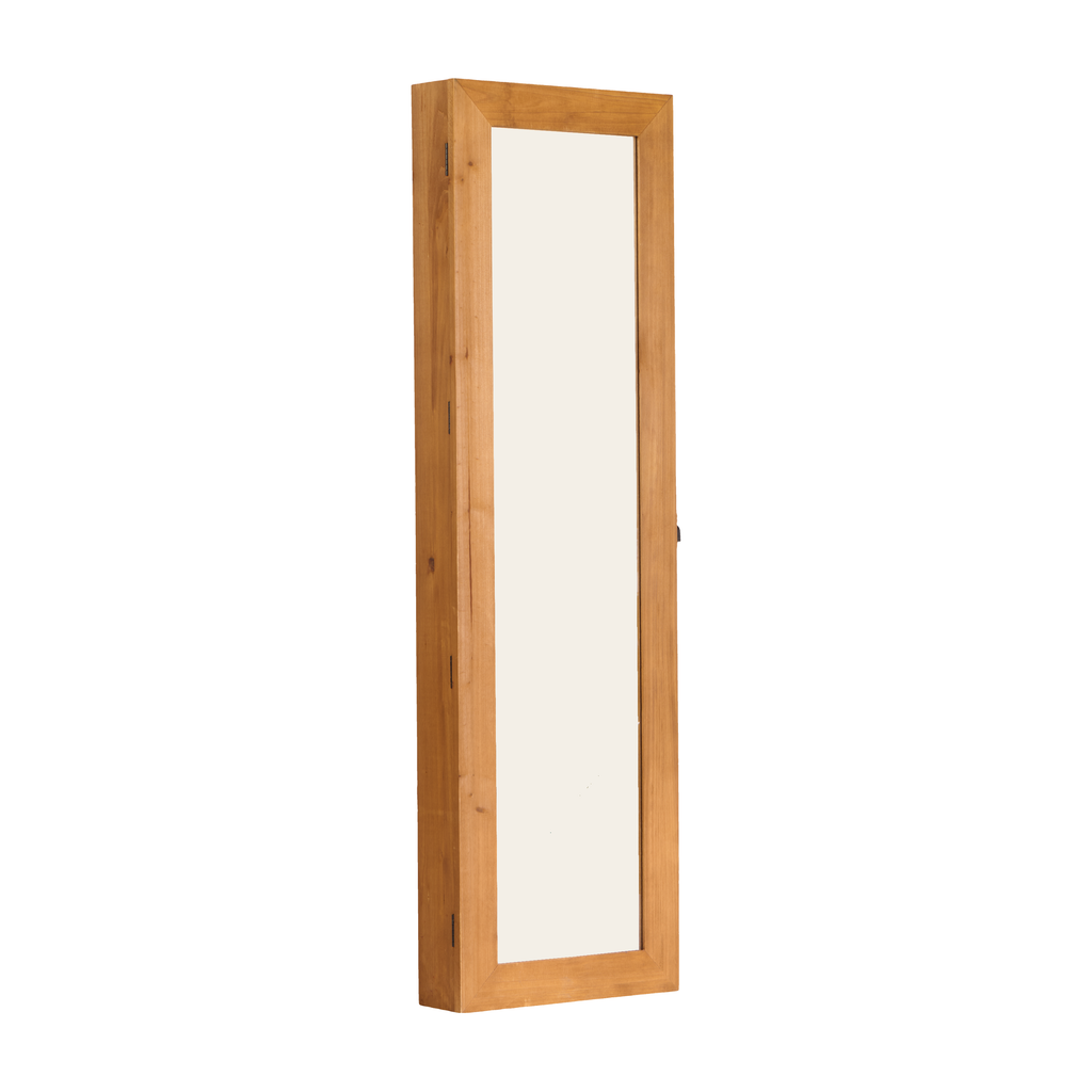 Solid Wood Jewelry Armoire Organizer Cabinet with Full-Length Mirror, Light Brown, 47.5x14.3 in Wall-Mounted Lockable with LED Light - Grand Goldman Shop