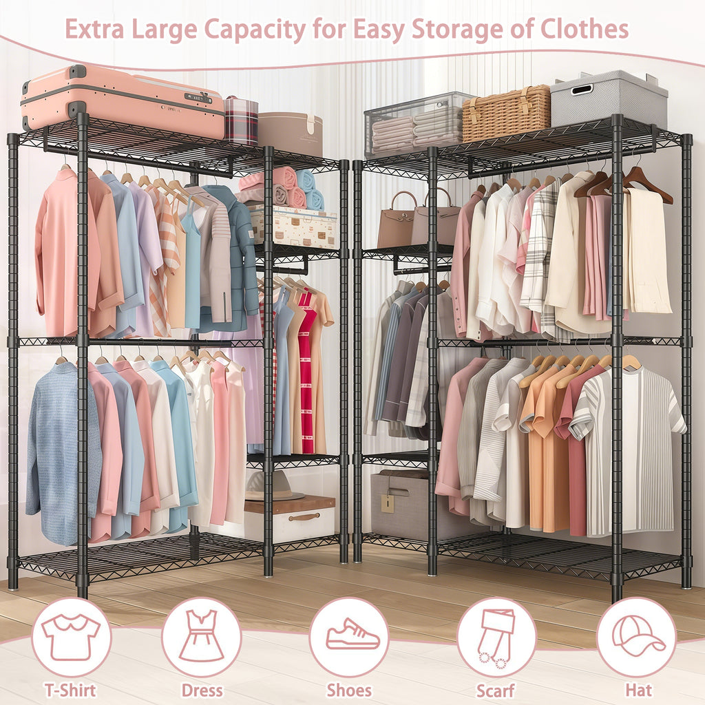 Heavy Duty Freestanding Clothes Rack, with 6 Adjustable Wire Shelves and 3 Garment Rails,Black Metal - Grand Goldman Shop