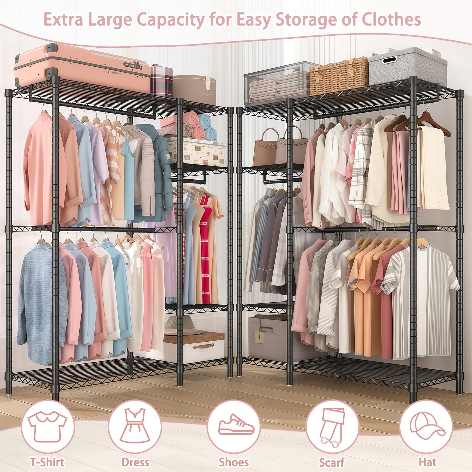 Heavy Duty Freestanding Clothes Rack, with 6 Adjustable Wire Shelves and 3 Garment Rails,Black Metal - Grand Goldman Shop
