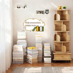 5 Tier Rotating Bookshelf, 360° Display Round Spinning Bookshelf with Wheels, Space-Saving, Small Space Rotating Bookshelf Tower for Bedroom, Living Room, Home, Office, Wood Color - Grand Goldman Shop