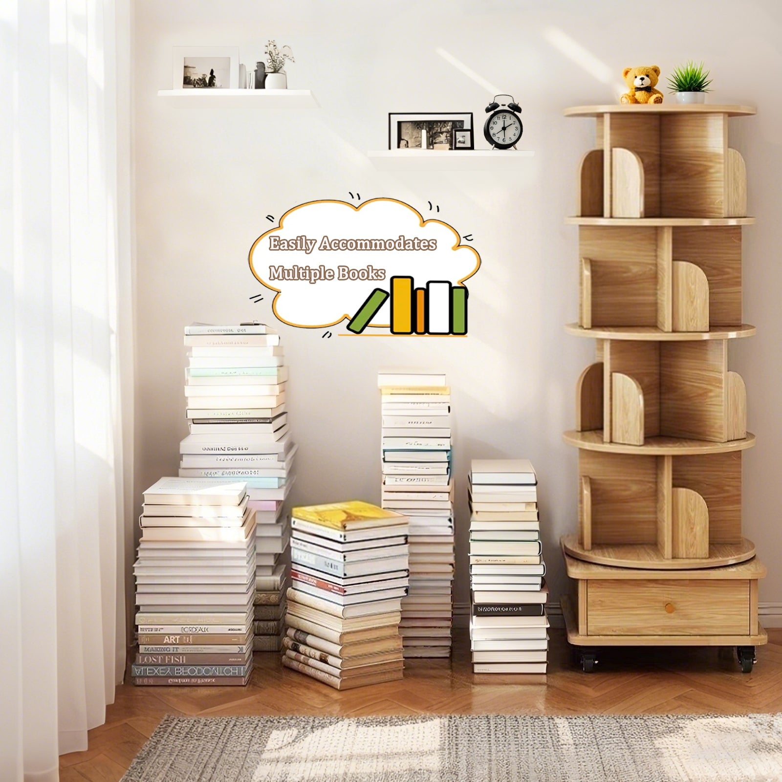 5 Tier Rotating Bookshelf, 360° Display Round Spinning Bookshelf with Wheels, Space-Saving, Small Space Rotating Bookshelf Tower for Bedroom, Living Room, Home, Office, Wood Color - Grand Goldman Shop