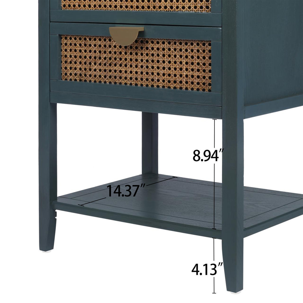 2-Drawer Side Table - Natural Rattan - End Table - Suitable for Bedroom, Living Room, or Study - Green MDF - Grand Goldman Shop