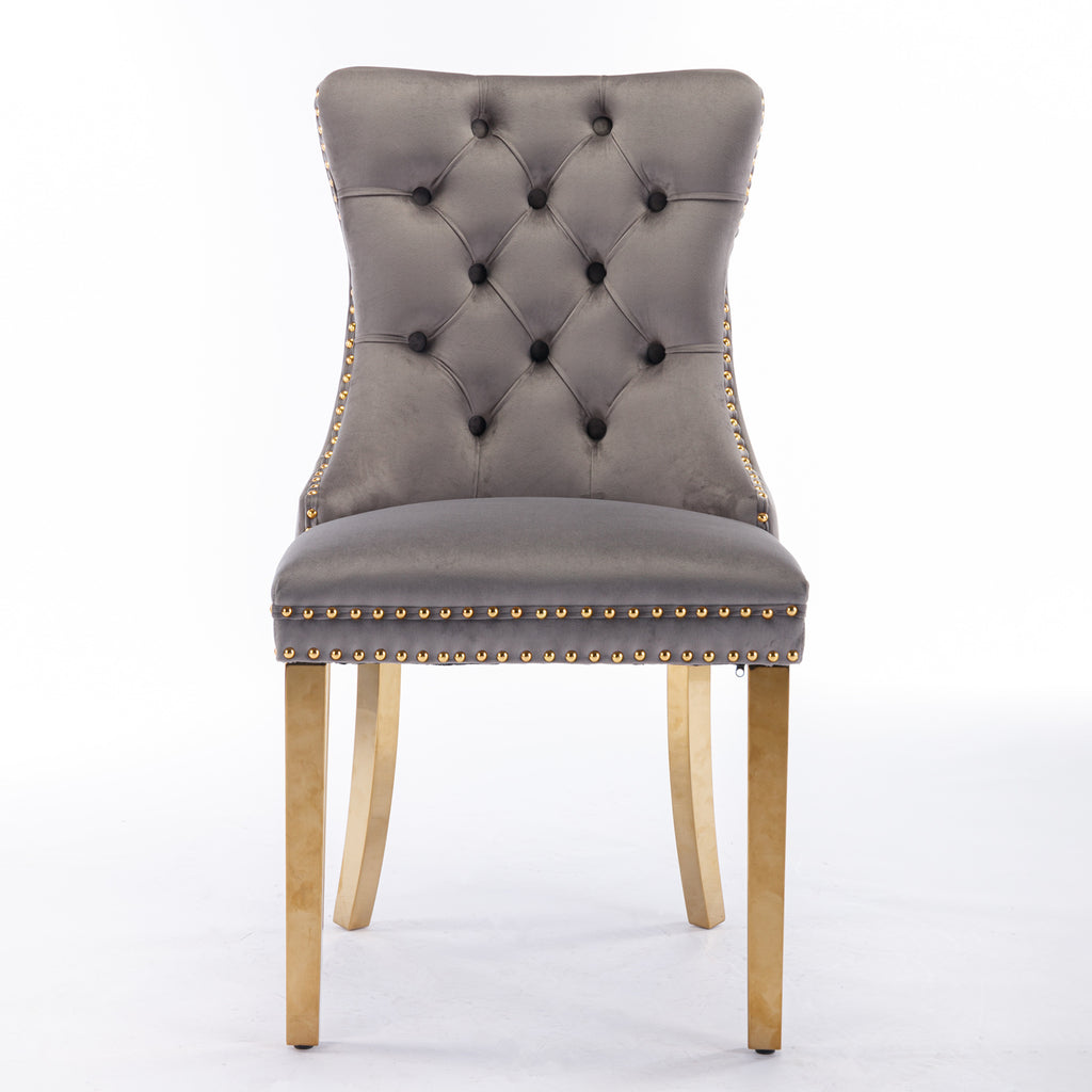 Nikki Collection Modern, High-end Tufted Solid Wood Contemporary Velvet Upholstered Dining Chair with Golden Stainless Steel Plating Legs,Nailhead Trim,Set of 2,Gray and Gold, SW1601GY - Grand Goldman Shop