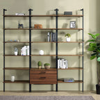 Wendell Walnut 4-Shelf Storage Wall Bookshelf with Drawer - Modern Industrial Style, Walnut Finish, Engineered Wood, 96in H x