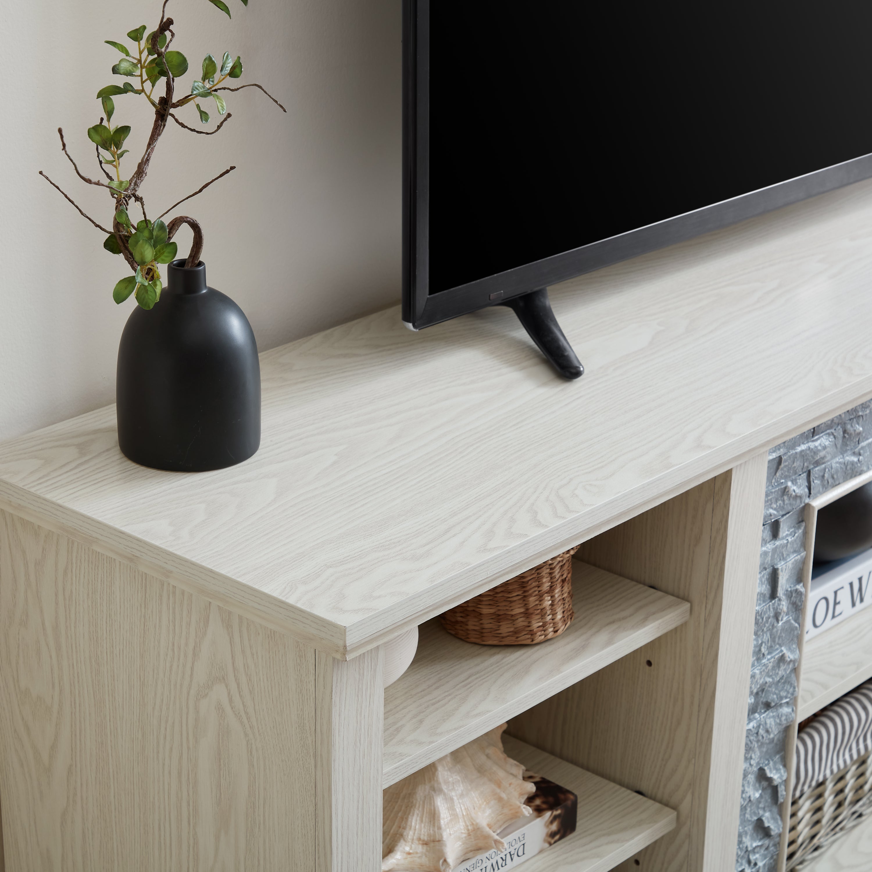 Large TV Desk Storage Rack with Faux Stacked Stone Surround,Media Console Table with Large Storage Cabinet,Modern TV Media Entertaionment Stand,WHITE, 70.12'W*15.35'D*25.83'H - Grand Goldman Shop