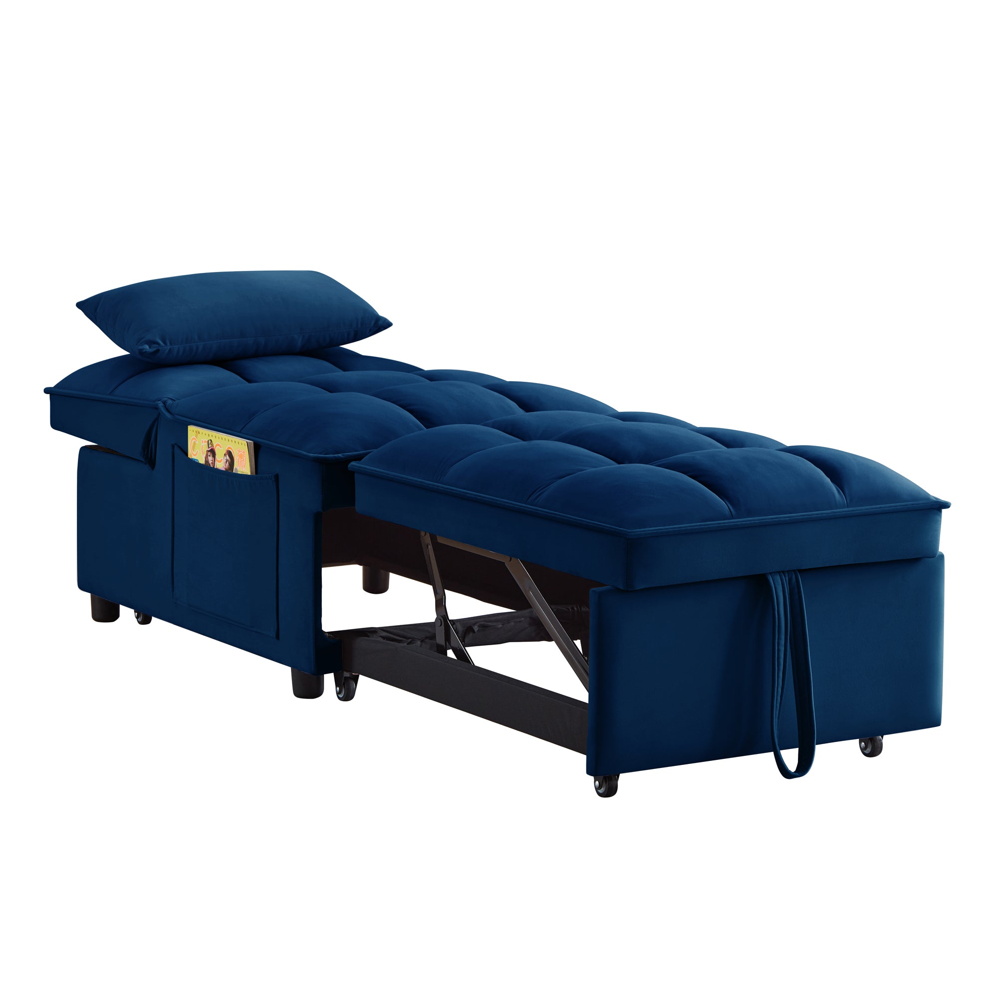 4 in1 Multi-Function Single Sofa Bed with Storage Pockets,Tufted Single Pull-out Sofa Bed with Adjustable Backrest and Pillows ,Convertible  Chaise Lounge, Navy - Grand Goldman Shop