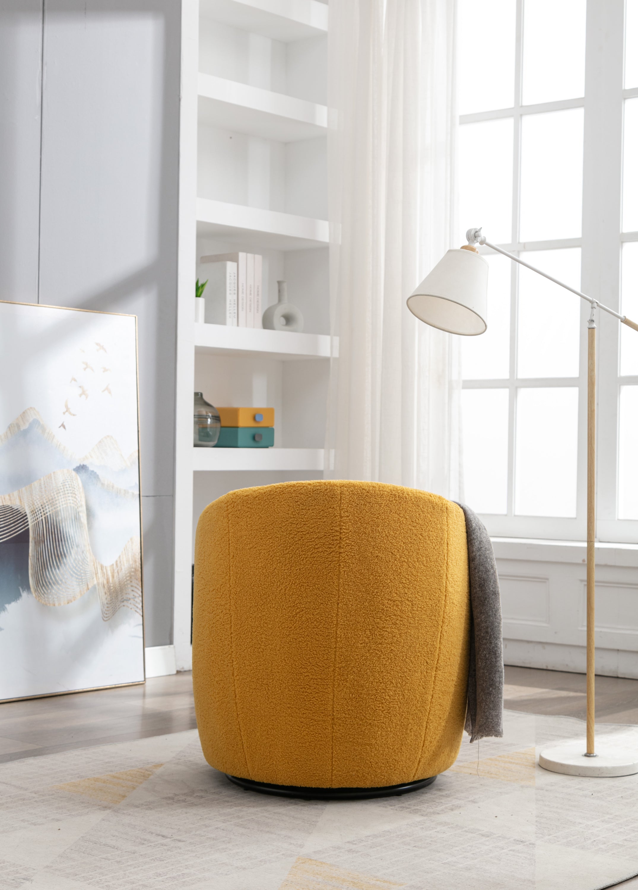 Teddy Fabric Swivel Accent Armchair Barrel Chair With Black Powder Coating Metal Ring,Yellow - Grand Goldman Shop
