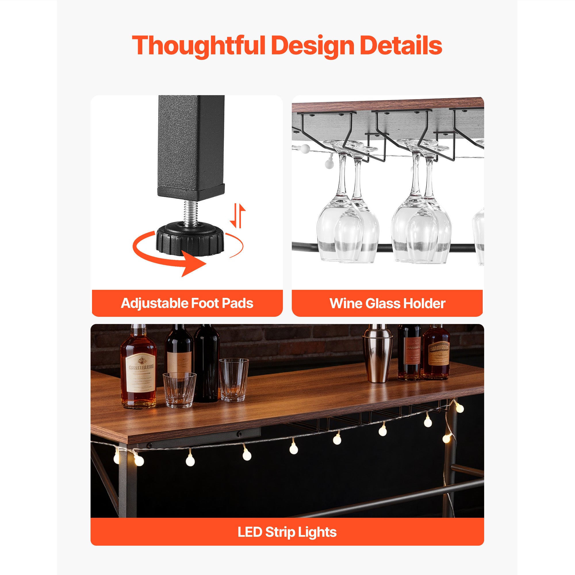 Home Bar Unit, L-Shaped Wine Bar Cabinet Table 3-Tier with Storage Shelves, Adjustable Foot Pads, LED Light, Walnut Finish & Metal Frame Liquor Cabinet for Home, Kitchen,Living Room,Pub,Basement - Grand Goldman Shop
