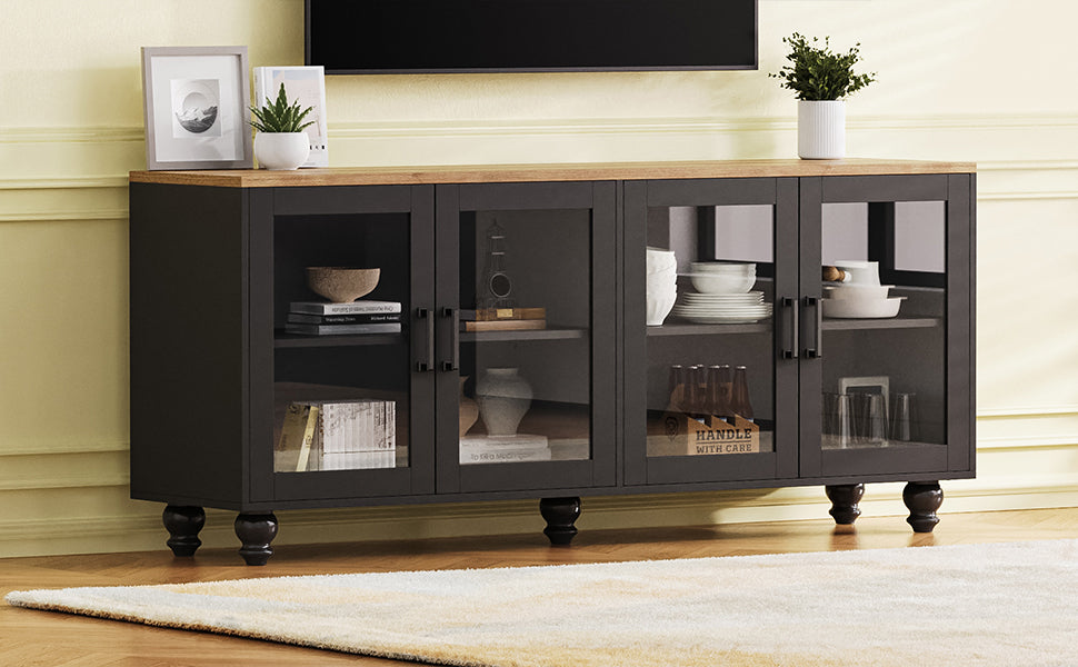 ON-TREND Farmhouse TV Stand with Tempered Glass Doors for TVs Up to 70', Versatile Sideboard with Adjustable Shelves, Elegant Buffet Cabinet with 5 Solid Wood Gourd-Shaped Legs for Living Room, Black - Grand Goldman Shop