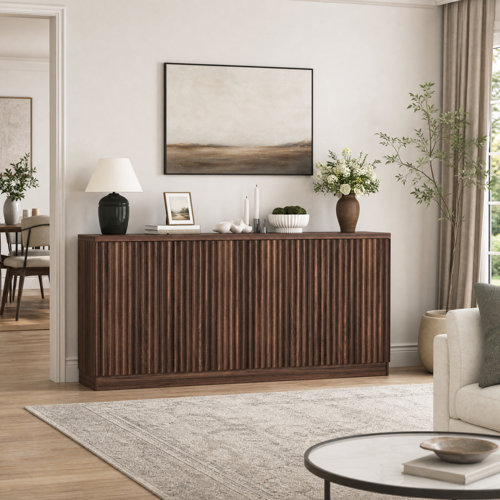 Buffet Cabinet with Storage, 62.60' Sideboard Cabinet with 4 Doors & Shelves, Wooden Kitchen Coffee Bar Credenza Storage for Living Room, Hallway Walnut - Grand Goldman Shop