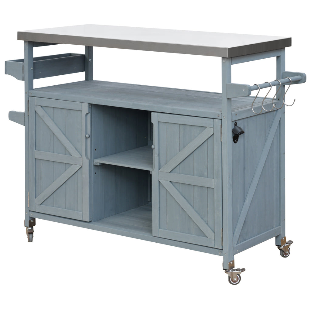 K&K Outdoor Kitchen Island, Rolling Bar Cart & Storage Cabinet, Farmhouse Solid Wood Outdoor Grill Table with Stainless Steel Top, Spice Rack , Towel Rack for Kitchen & BBQ , Grey Blue - Grand Goldman Shop